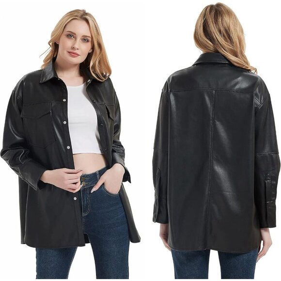 🆕 Women Black Faux Leather Blazer Jackets Spring Fashion Vegan Button Down Coat - Picture 2 of 8